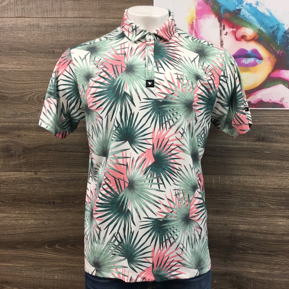 Bad Birdie Mens Golf‎ Polo Shirt XL Palm Leaf Tropical Print Short Sleeve